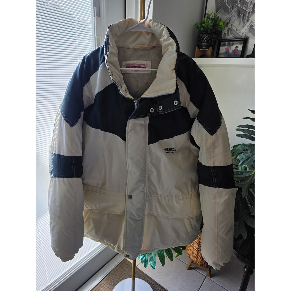 Vintage Perry Ellis America Puffer Jacket Mens XXL Cream Hunter Green 90s Coat